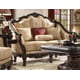 Homey Design HD-953 Luxury Upholstery Golden Beige Dark Brown Carved Wood Living Room Sofa Loveseat Chair Coffee Table Set 4Pcs
