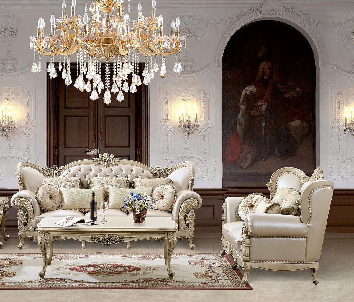 HD-32 Traditional Sofa and Loveseat Set in Cream Leather by Homey Design